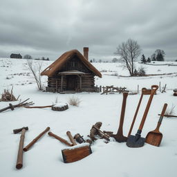 A picturesque scene showcasing colonial tools and homes nestled in a snowy, desolate landscape