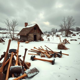A picturesque scene showcasing colonial tools and homes nestled in a snowy, desolate landscape