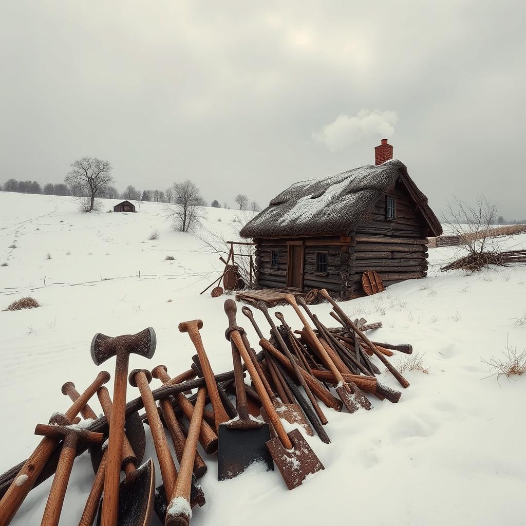 A picturesque scene showcasing colonial tools and homes nestled in a snowy, desolate landscape