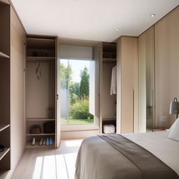 A contemporary bedroom boasting a walk-in wardrobe, bathed in neutral tones, illuminated with ample natural light.