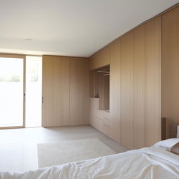 A contemporary bedroom boasting a walk-in wardrobe, bathed in neutral tones, illuminated with ample natural light.