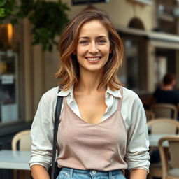 A full-length photograph of a woman aged between 30 to 45 years with a natural appearance, featuring minimal makeup and well-groomed hair