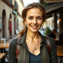 A full-length photograph of a woman aged between 30 to 45 years with a natural appearance, featuring minimal makeup and well-groomed hair