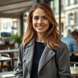 A full-length photograph of a woman aged between 30 to 45 years with a natural appearance, featuring minimal makeup and well-groomed hair