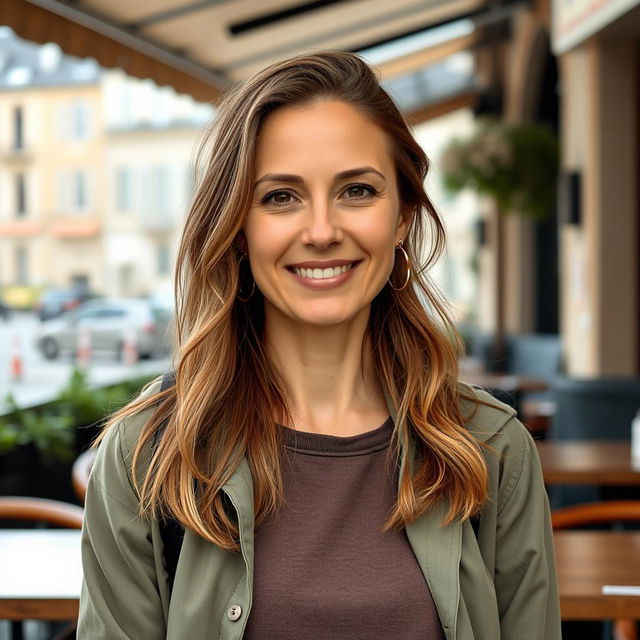 A full-length photograph of a woman aged between 30 to 45 years with a natural appearance, featuring minimal makeup and well-groomed hair