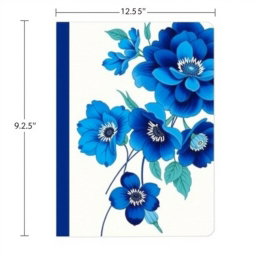 A lined journal with a vibrant blue flower cover, measuring 12