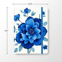 A lined journal with a vibrant blue flower cover, measuring 12