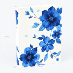 A lined journal with a vibrant blue flower cover, measuring 12