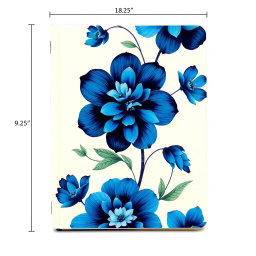A lined journal with a vibrant blue flower cover, measuring 12