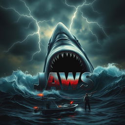 A dramatic scene at dusk under a stormy sky, where a colossal great white shark rises from the depths with its jaws wide open, its razor-sharp teeth glinting like blades