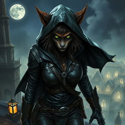 A captivating portrayal of a mysterious female bugbear rogue in a dark fantasy setting