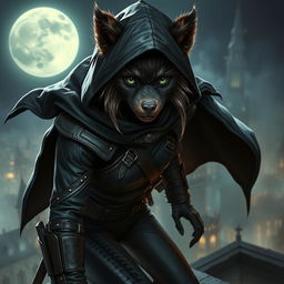 A captivating portrayal of a mysterious female bugbear rogue in a dark fantasy setting