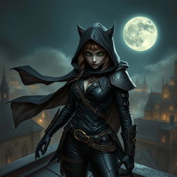 A captivating portrayal of a mysterious female bugbear rogue in a dark fantasy setting