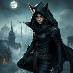 A captivating portrayal of a mysterious female bugbear rogue in a dark fantasy setting