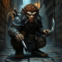 A striking depiction of a bugbear rogue in a fantasy setting