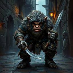 A striking depiction of a bugbear rogue in a fantasy setting