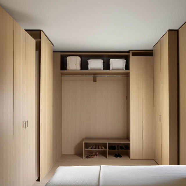 A contemporary bedroom boasting a walk-in wardrobe, bathed in neutral tones, illuminated with ample natural light.