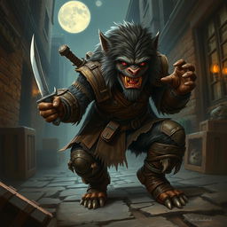 A detailed and dynamic portrayal of a bugbear rogue in a thrilling fantasy environment