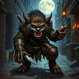 A detailed and dynamic portrayal of a bugbear rogue in a thrilling fantasy environment