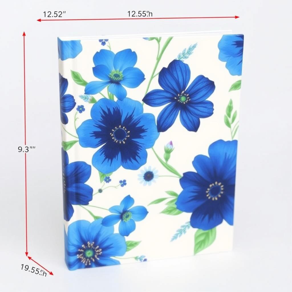A lined journal with a blue flower book cover, measuring 12