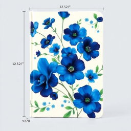 A lined journal with a blue flower book cover, measuring 12