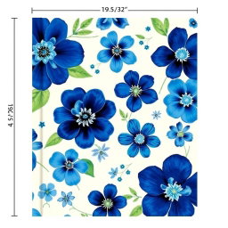 A lined journal with a blue flower book cover, measuring 12