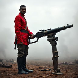 A powerful image of a Black Civil War soldier standing resolutely with an old machine gun, dressed in a striking crimson uniform that reflects a unique military heritage