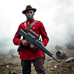A powerful image of a Black Civil War soldier standing resolutely with an old machine gun, dressed in a striking crimson uniform that reflects a unique military heritage