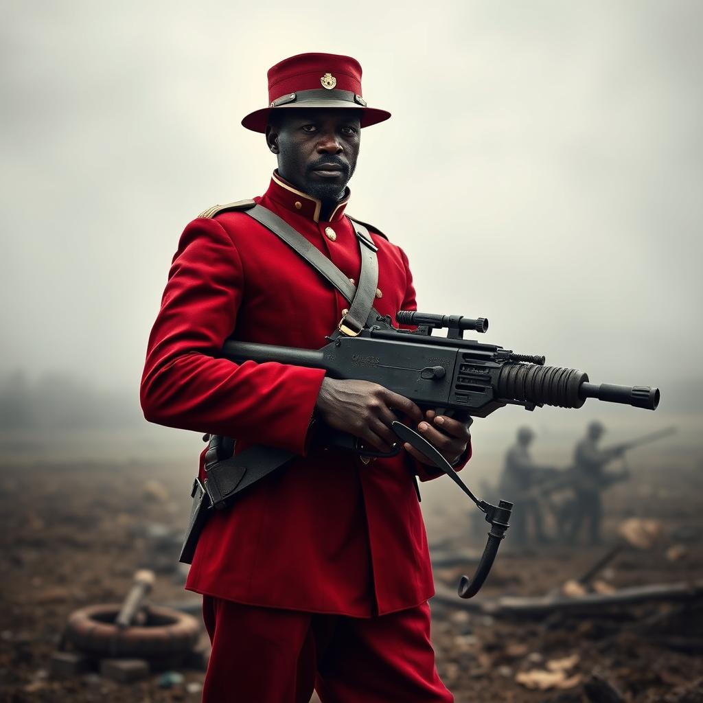 A powerful image of a Black Civil War soldier standing resolutely with an old machine gun, dressed in a striking crimson uniform that reflects a unique military heritage