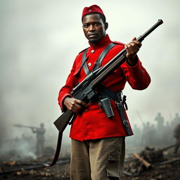A powerful image of a Black Civil War soldier standing resolutely with an old machine gun, dressed in a striking crimson uniform that reflects a unique military heritage