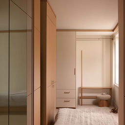 A contemporary bedroom boasting a walk-in wardrobe, bathed in neutral tones, illuminated with ample natural light.