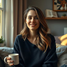 An intimate and heartfelt portrait of a 33-year-old woman named Lily, embodying her love for quiet mornings and meaningful conversations