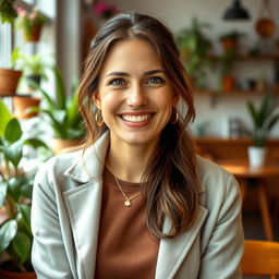 A vibrant portrait of a 39-year-old woman named Hannah, embodying a soft heart and strong mind alongside a contagious sense of humor