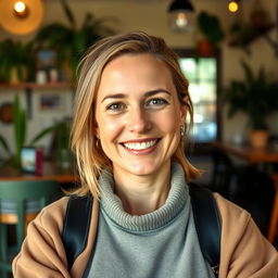 A vibrant portrait of a 39-year-old woman named Hannah, embodying a soft heart and strong mind alongside a contagious sense of humor