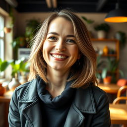 A vibrant portrait of a 39-year-old woman named Hannah, embodying a soft heart and strong mind alongside a contagious sense of humor