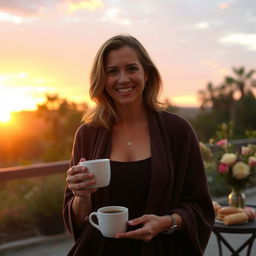 A captivating portrait of a 41-year-old woman named Grace, embodying her passion for sunsets and good coffee in a serene outdoor setting