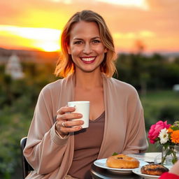 A captivating portrait of a 41-year-old woman named Grace, embodying her passion for sunsets and good coffee in a serene outdoor setting