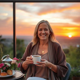 A captivating portrait of a 41-year-old woman named Grace, embodying her passion for sunsets and good coffee in a serene outdoor setting