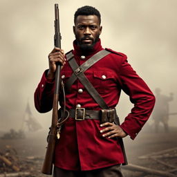 A powerful depiction of a Black Civil War soldier standing confidently with an old musket in hand, dressed in a dark crimson uniform that signifies his military allegiance and heritage