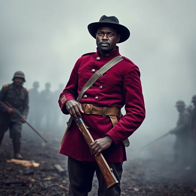 A powerful depiction of a Black Civil War soldier standing confidently with an old musket in hand, dressed in a dark crimson uniform that signifies his military allegiance and heritage