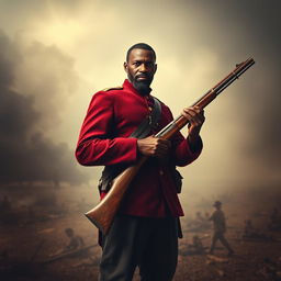 A powerful depiction of a Black Civil War soldier standing confidently with an old musket in hand, dressed in a dark crimson uniform that signifies his military allegiance and heritage