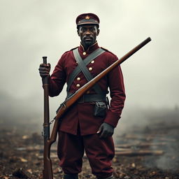 A powerful depiction of a Black Civil War soldier standing confidently with an old musket in hand, dressed in a dark crimson uniform that signifies his military allegiance and heritage