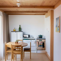 A 10ft x 10ft Airbnb room with an attached kitchen, featuring a small dining table with chairs for four people