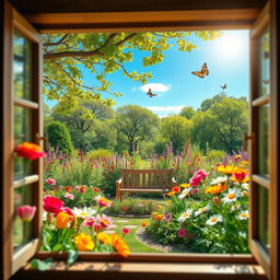 A serene outdoor scene showcasing a beautiful garden filled with vibrant flowers, lush greenery, and a clear blue sky