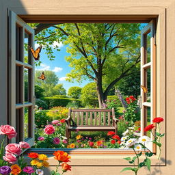A serene outdoor scene showcasing a beautiful garden filled with vibrant flowers, lush greenery, and a clear blue sky