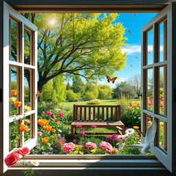 A serene outdoor scene showcasing a beautiful garden filled with vibrant flowers, lush greenery, and a clear blue sky