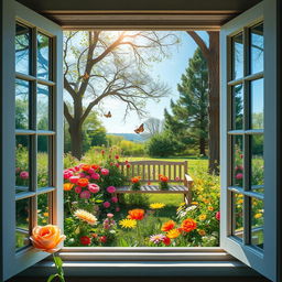 A serene outdoor scene showcasing a beautiful garden filled with vibrant flowers, lush greenery, and a clear blue sky