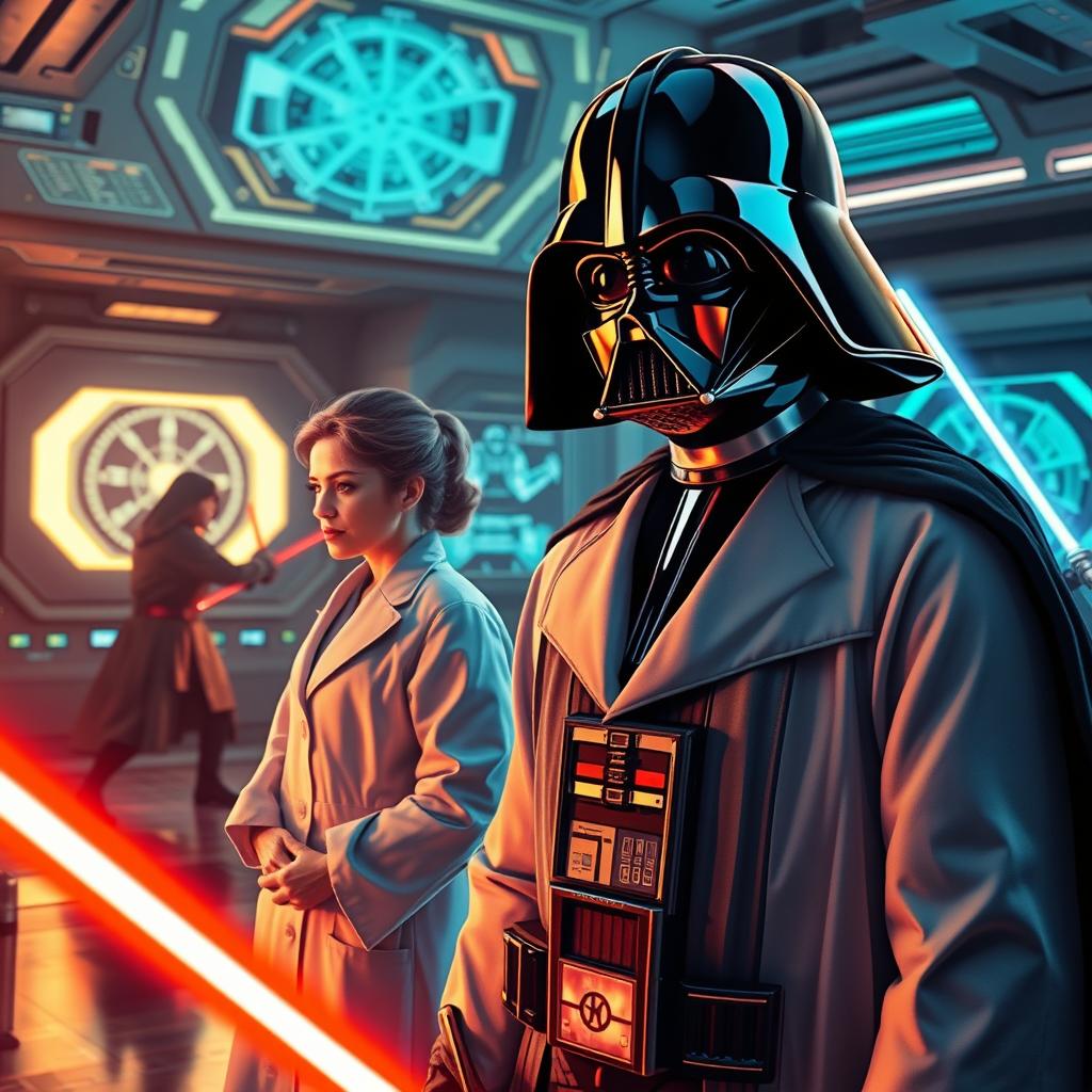 A vibrant and dynamic Star Wars scene featuring Darth Vader, a female scientist in a futuristic lab coat, intricate designs of a laser weapon displayed on a holographic screen, and in the background, a Jedi in an intense duel