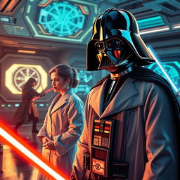 A vibrant and dynamic Star Wars scene featuring Darth Vader, a female scientist in a futuristic lab coat, intricate designs of a laser weapon displayed on a holographic screen, and in the background, a Jedi in an intense duel