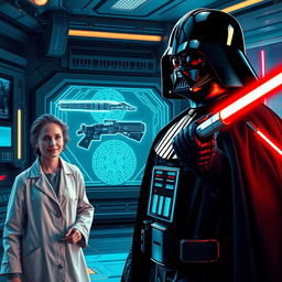 A vibrant and dynamic Star Wars scene featuring Darth Vader, a female scientist in a futuristic lab coat, intricate designs of a laser weapon displayed on a holographic screen, and in the background, a Jedi in an intense duel